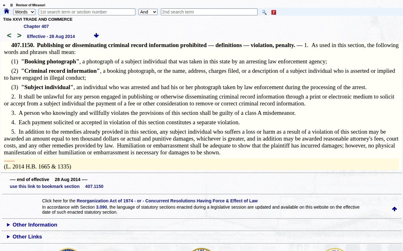 Missouri law affecting Barton County released-inmate mugshot removal practices